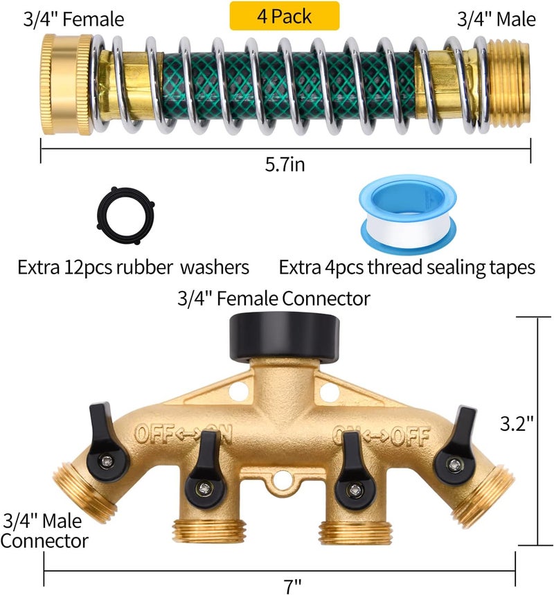LFSEMINI 4 Way Hose Splitter with 4Pcs Garden Hose Extension Adapter, Brass Garden Hose Splitter Set, Hose Spigot Adapter with 4 Valves and 12 Rubber Washers & 4 Tapes - Image 2